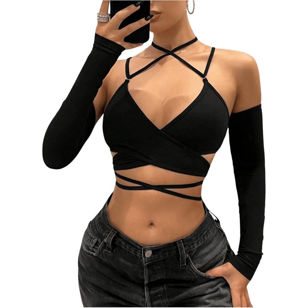 Women's Cropped Wrap Top Long Sleeve Halter Sexy Going Out T-Shirt